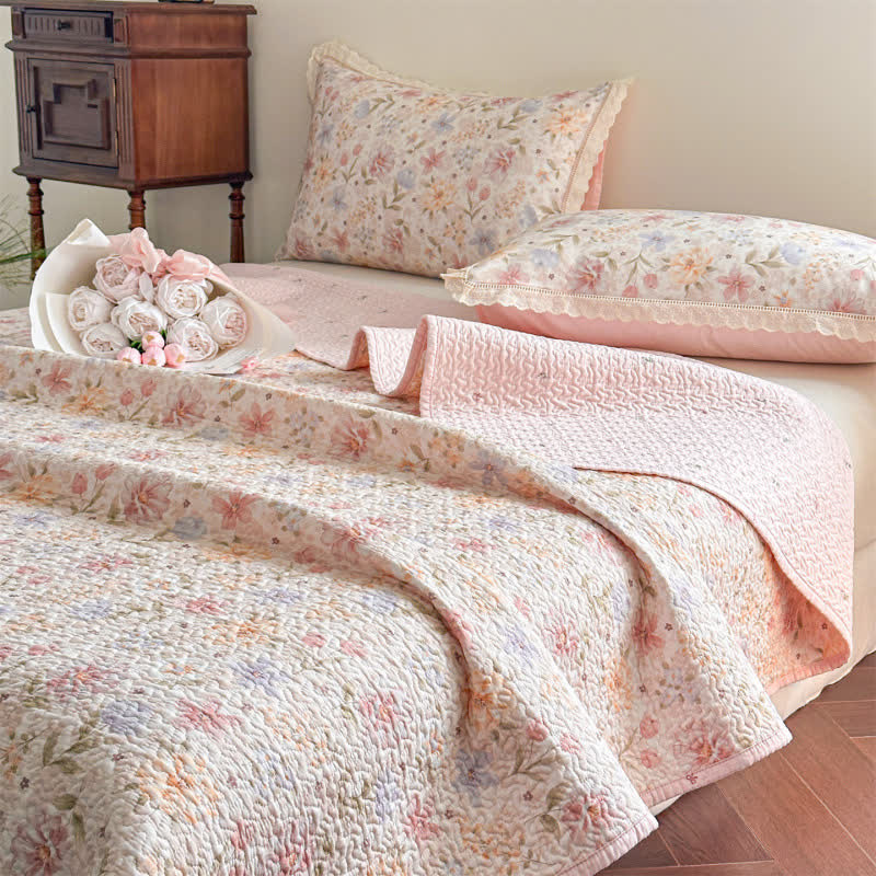 French Country Floral Quilted Cotton Bedspread