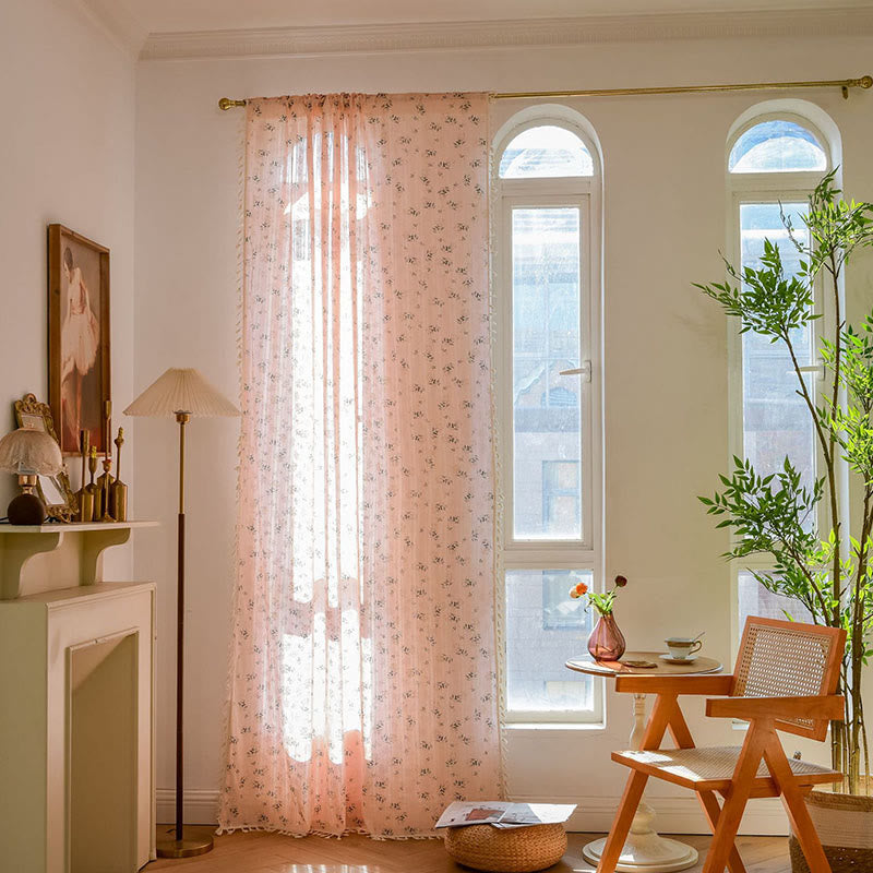 Refresh Floral Tassel Cotton Sheer Curtain