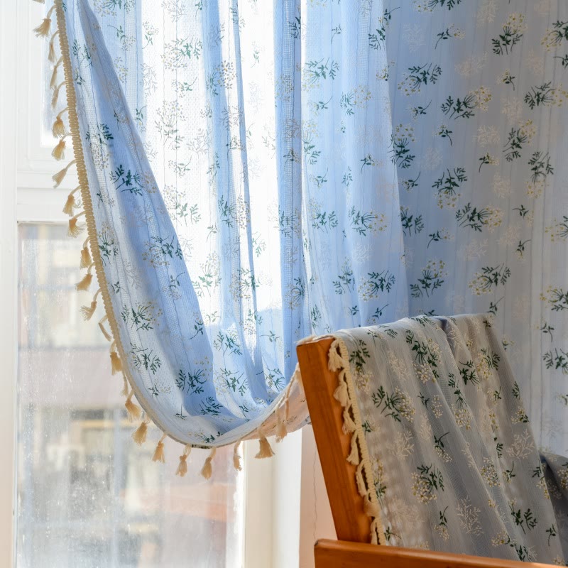 Refresh Floral Tassel Cotton Sheer Curtain