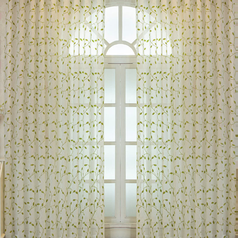Cottage Style Green Leaf Sheer Curtain