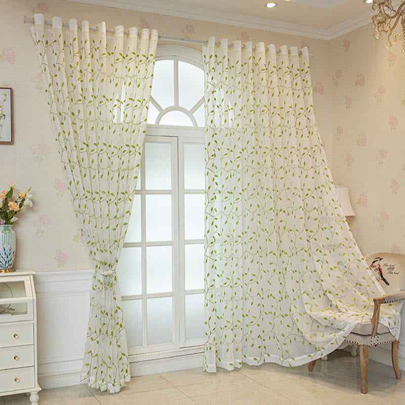 Cottage Style Green Leaf Sheer Curtain