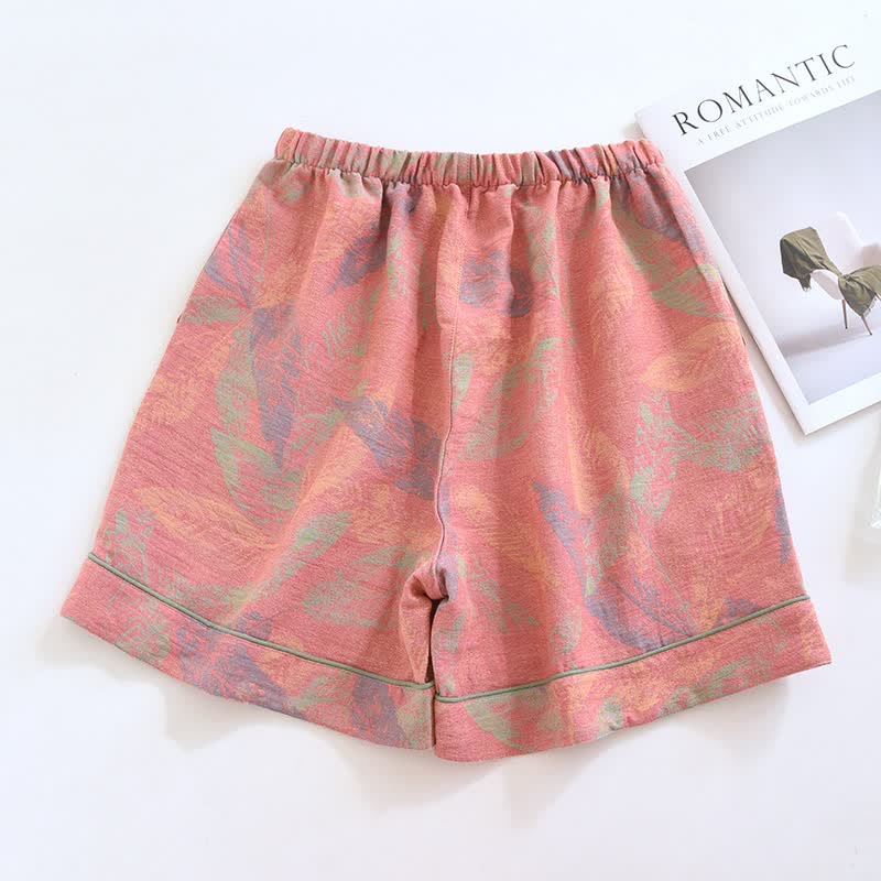 Artistic Leaf Cotton Gauze Pajama Shorts