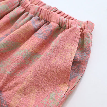 Artistic Leaf Cotton Gauze Pajama Shorts