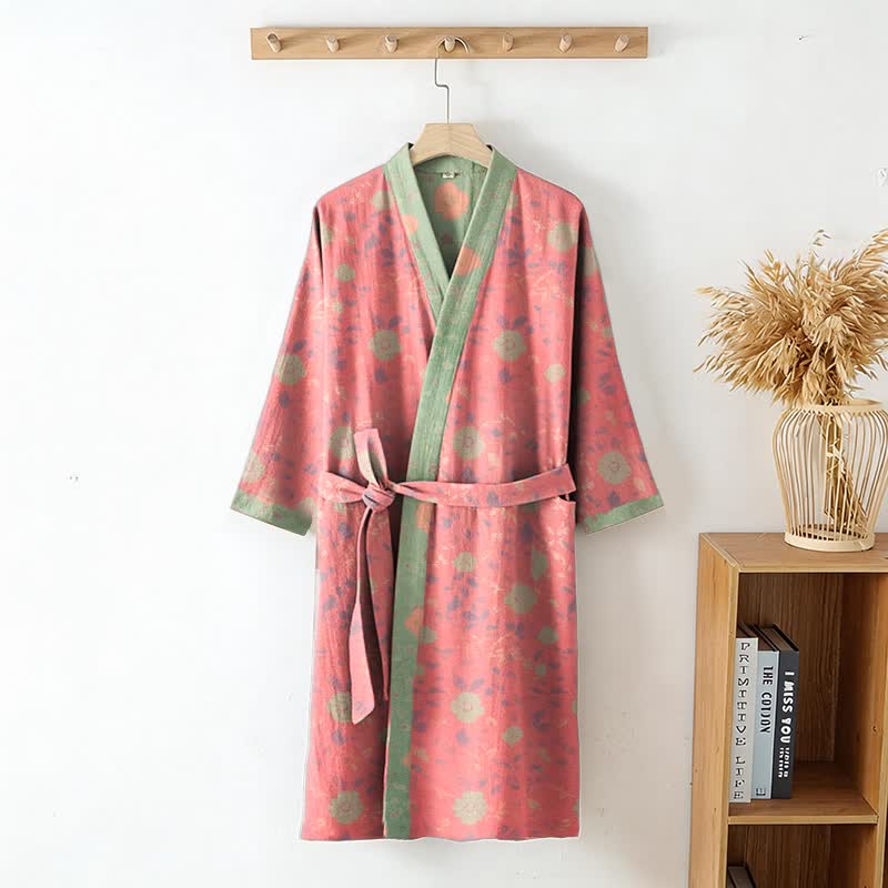 Double Gauze Floral Cotton Kimono Robe