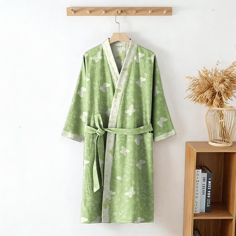 Double Gauze Green Butterfly Cotton Kimono Robe