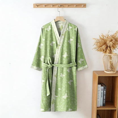 Double Gauze Green Butterfly Cotton Kimono Robe