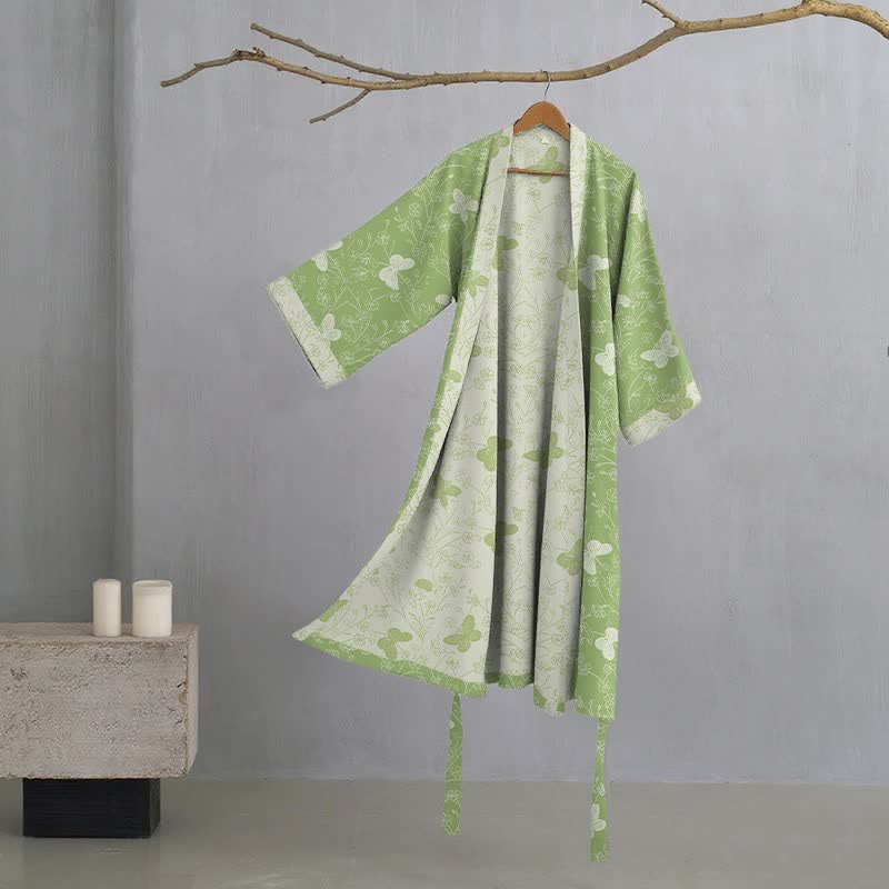 Double Gauze Green Butterfly Cotton Kimono Robe