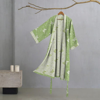 Double Gauze Green Butterfly Cotton Kimono Robe