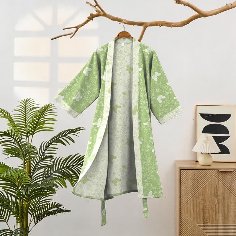 Double Gauze Green Butterfly Cotton Kimono Robe