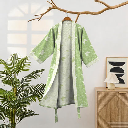 Double Gauze Green Butterfly Cotton Kimono Robe