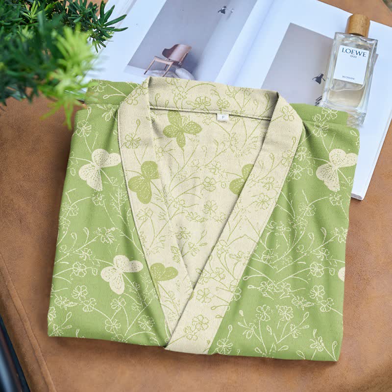 Double Gauze Green Butterfly Cotton Kimono Robe