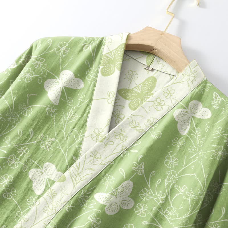 Double Gauze Green Butterfly Cotton Kimono Robe