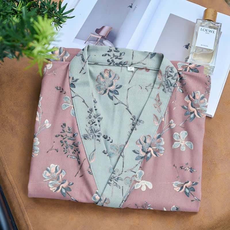 Double Gauze Blooming Floral Cotton Kimono Robe