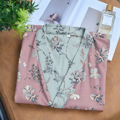 Double Gauze Blooming Floral Cotton Kimono Robe