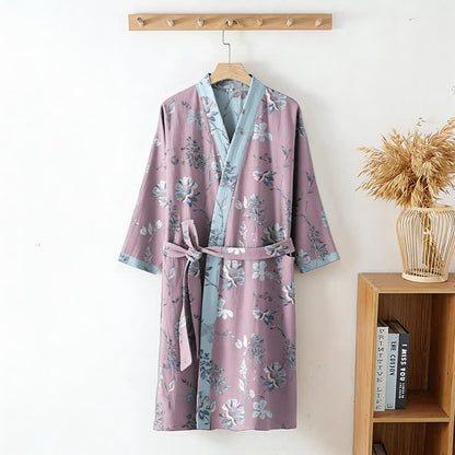 Double Gauze Blooming Floral Cotton Kimono Robe