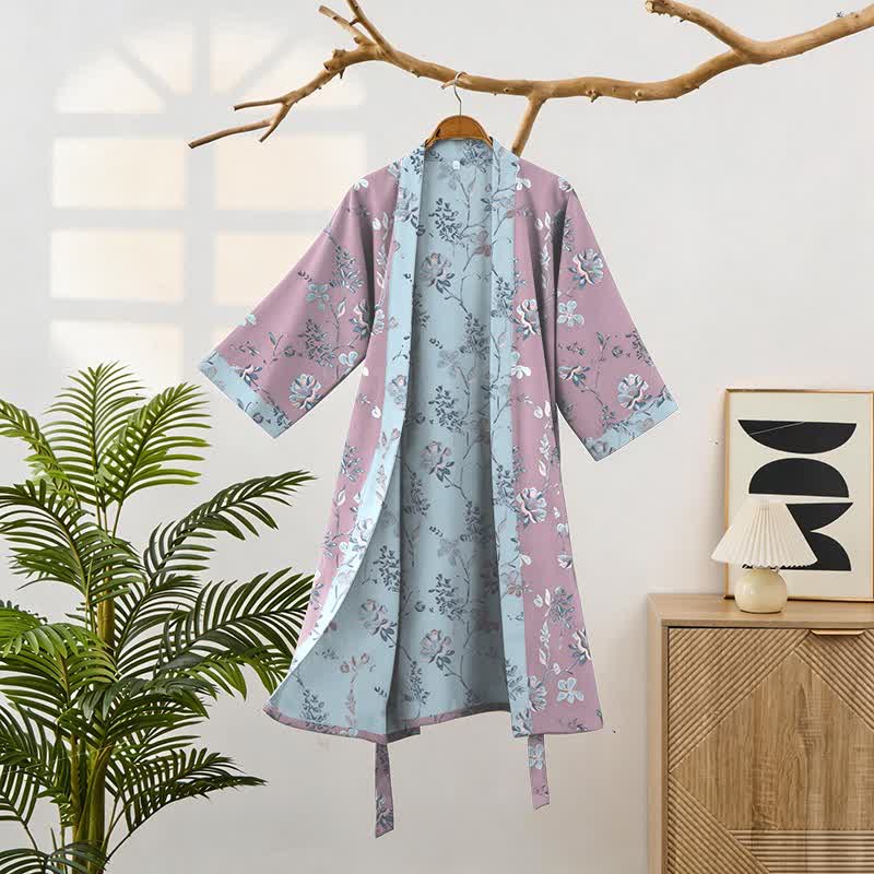 Double Gauze Blooming Floral Cotton Kimono Robe