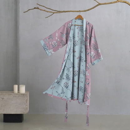Double Gauze Blooming Floral Cotton Kimono Robe