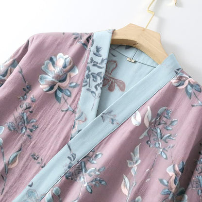Double Gauze Blooming Floral Cotton Kimono Robe
