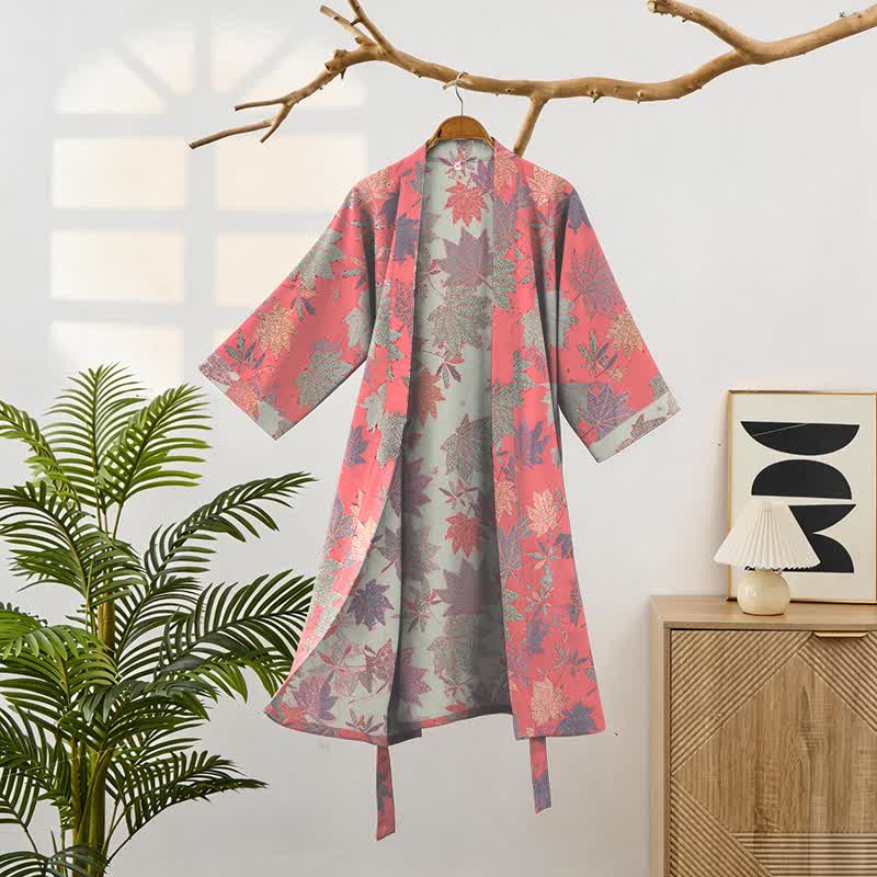 Double Gauze Maple Leaf Cotton Kimono Robe