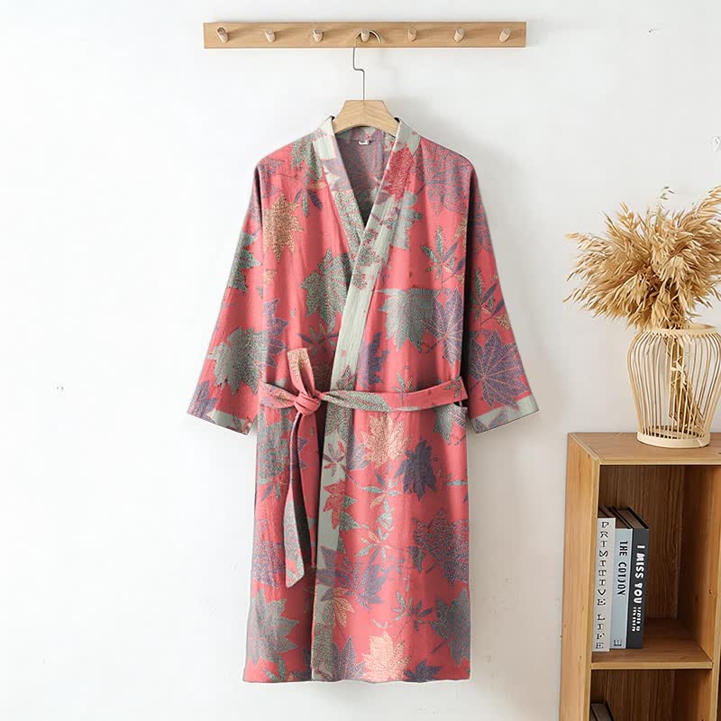 Double Gauze Maple Leaf Cotton Kimono Robe