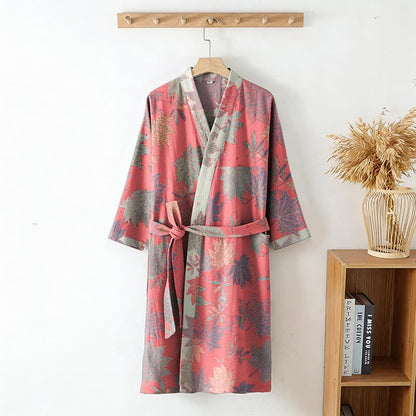 Double Gauze Maple Leaf Cotton Kimono Robe