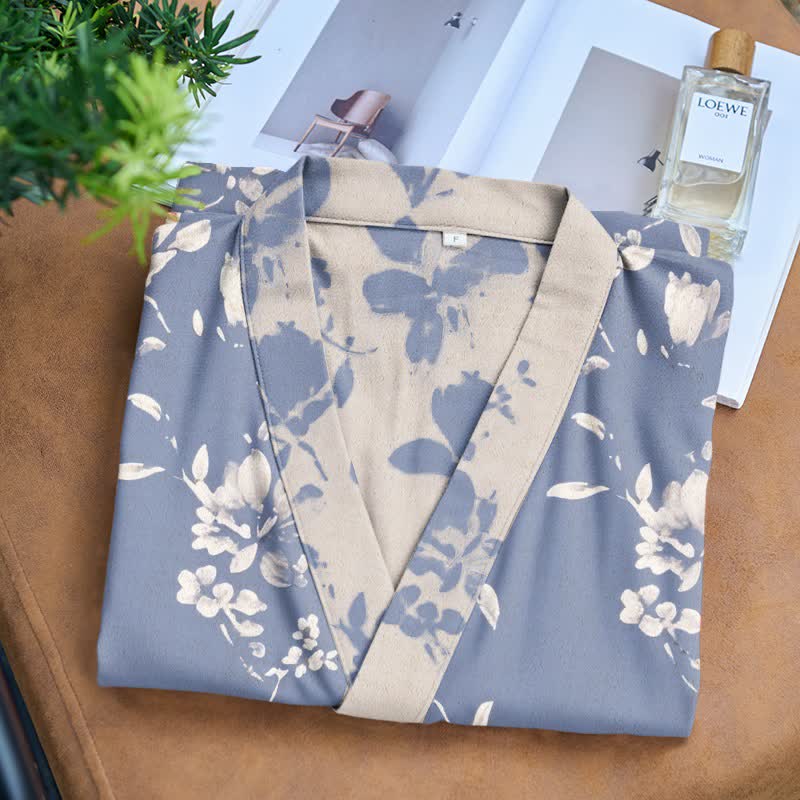 Double Gauze Elegant Floral Cotton Kimono Robe