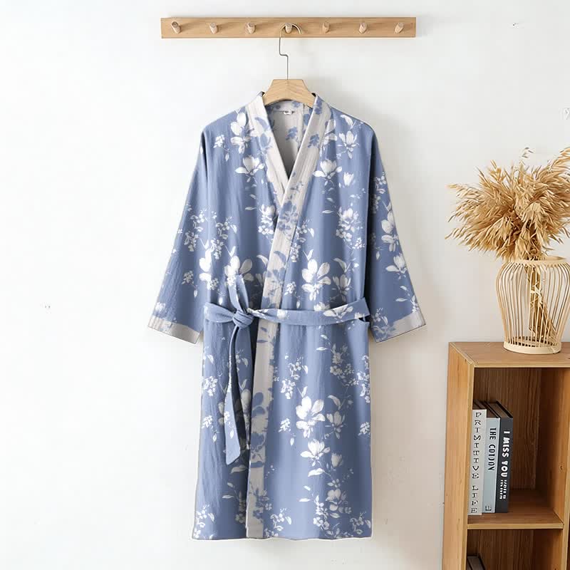 Double Gauze Elegant Floral Cotton Kimono Robe
