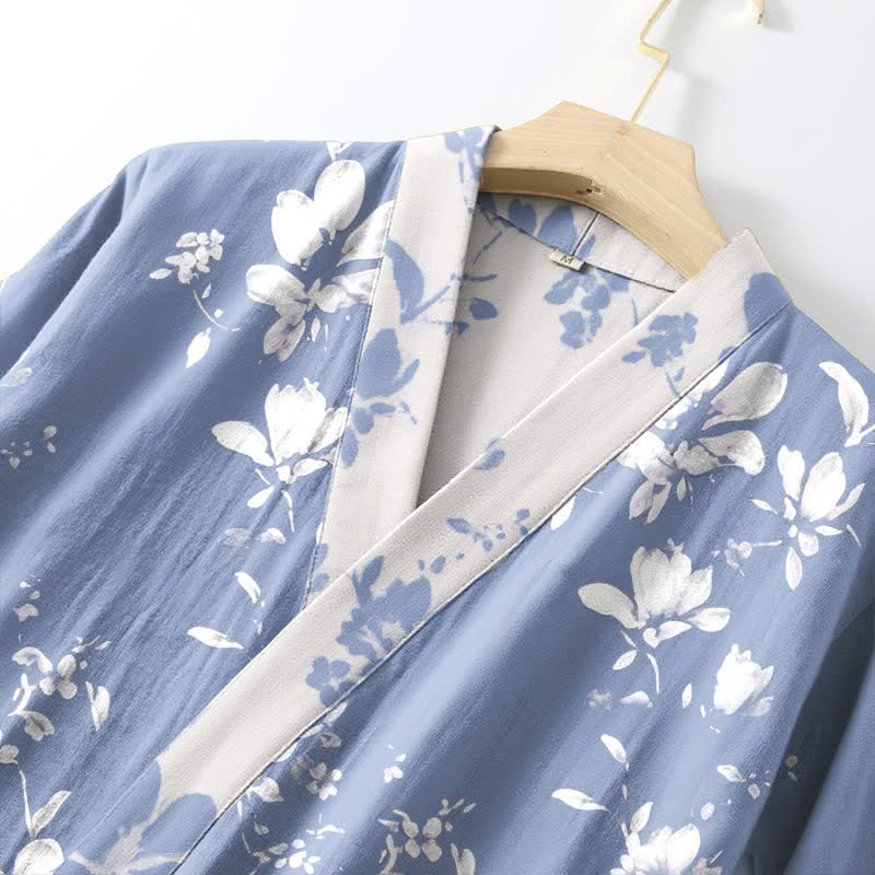 Double Gauze Elegant Floral Cotton Kimono Robe