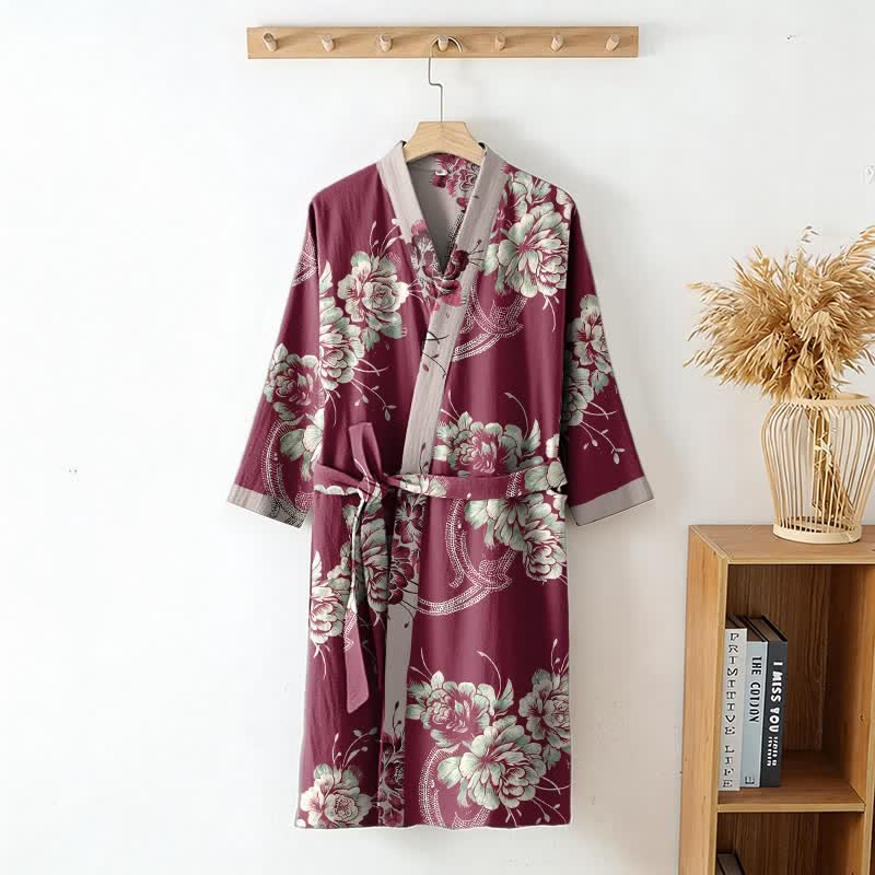 Luxurious Peony Double Gauze Cotton Kimono Robe