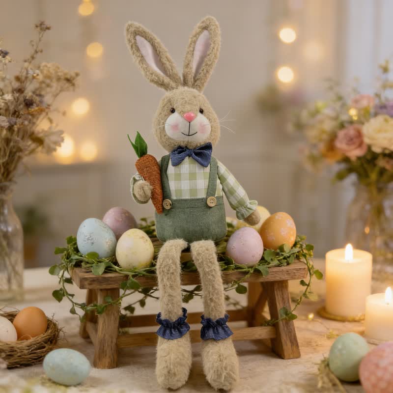 Country Style Sitting Bunny Plush Figurine