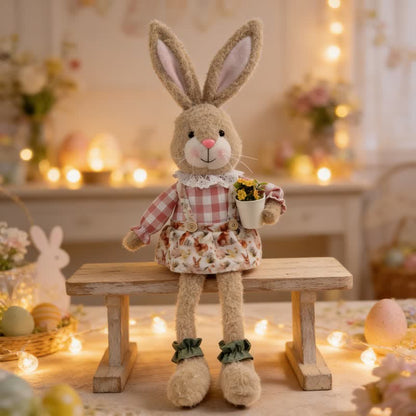 Country Style Sitting Bunny Plush Figurine