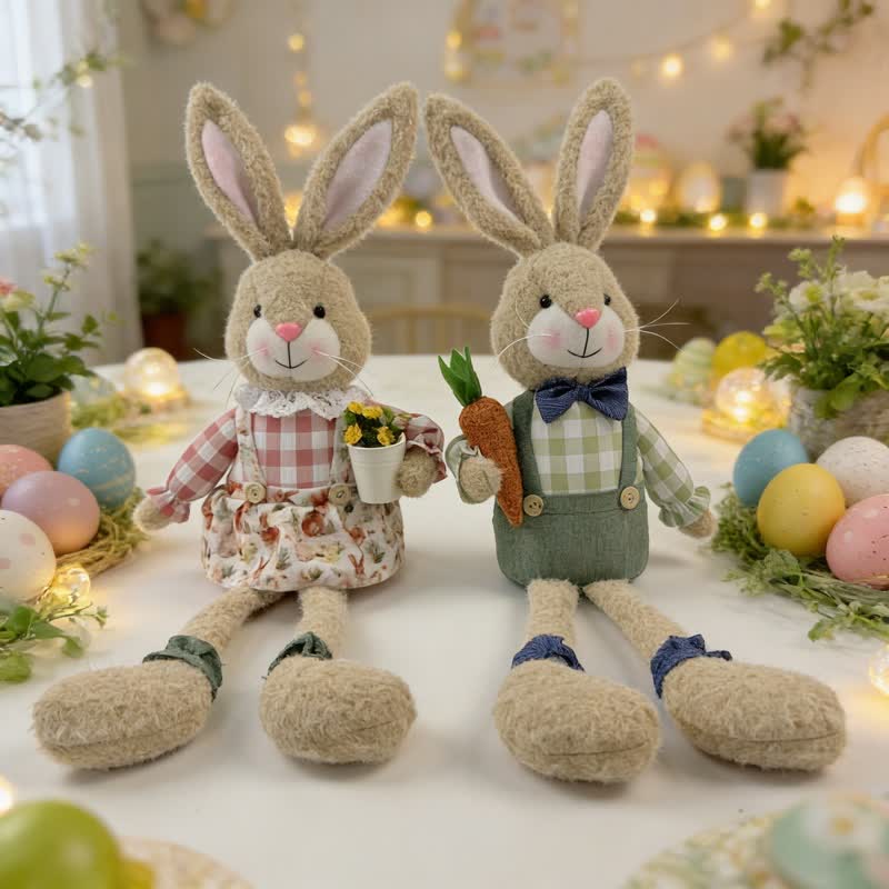 Country Style Sitting Bunny Plush Figurine