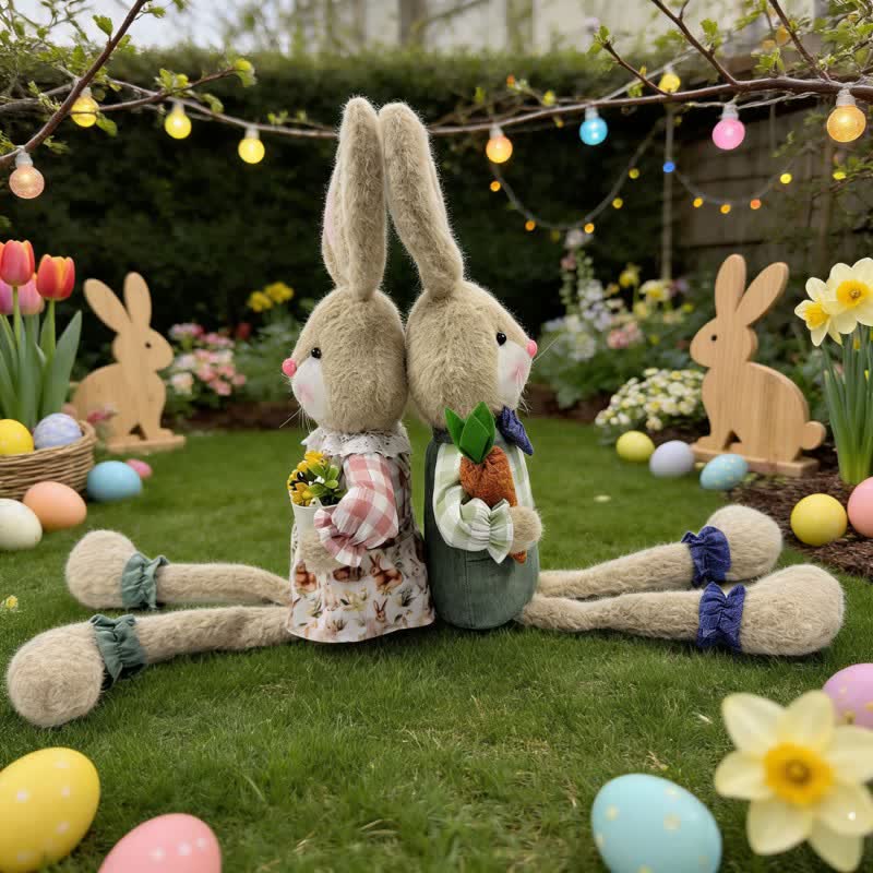 Country Style Sitting Bunny Plush Figurine