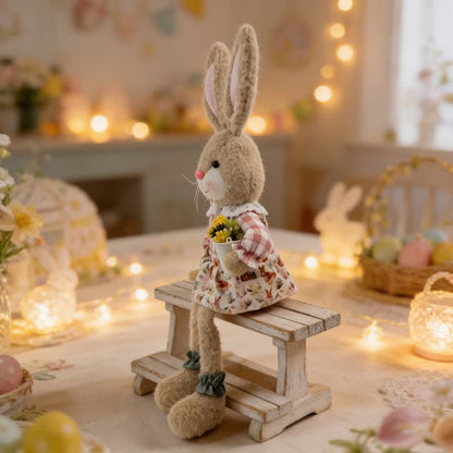 Country Style Sitting Bunny Plush Figurine