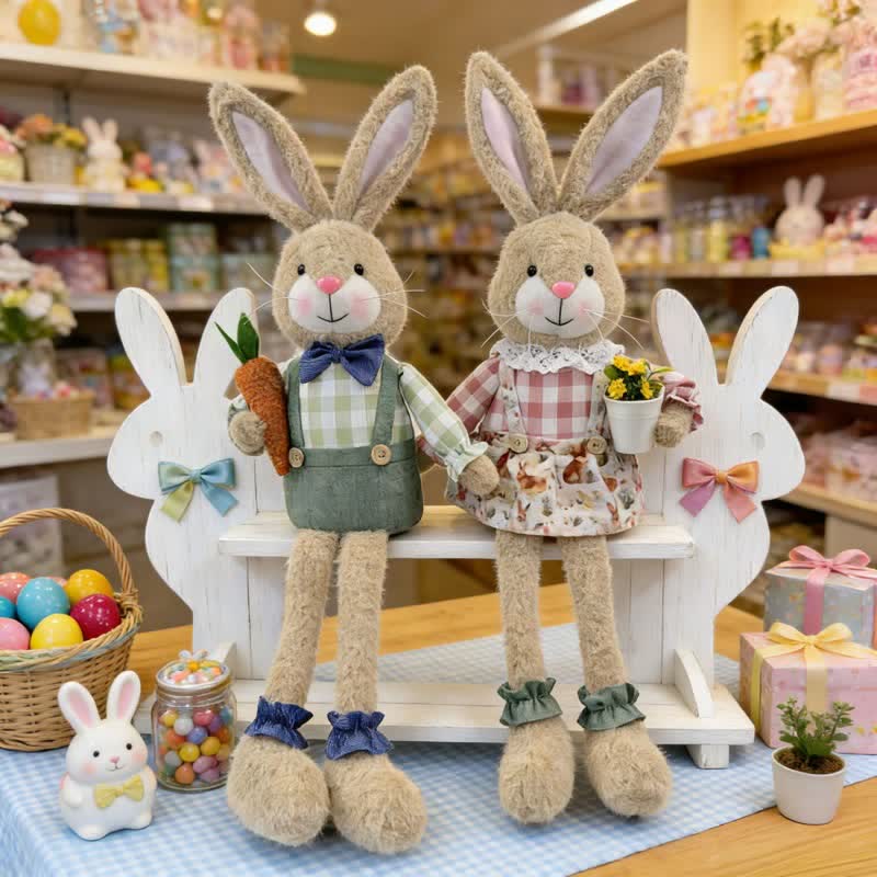 Country Style Sitting Bunny Plush Figurine
