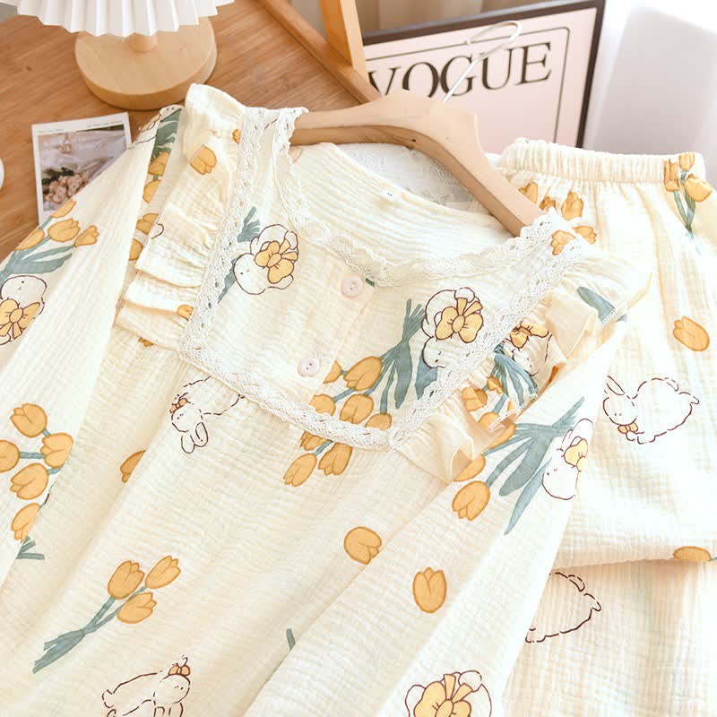 Tulip & Bunny Cotton Gauze Pajama Set