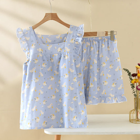 Blue Goose Cotton Gauze Sleeveless Pajamas Breathable Built-in bra Cami Cartoon print Cotton Goose Homewear Jammies L Loungewear M newin260311 Padded Pajama Pastel tones Ruffled Set Shorts Sleepwear Sleeveless Square neckline Summer Tank XL