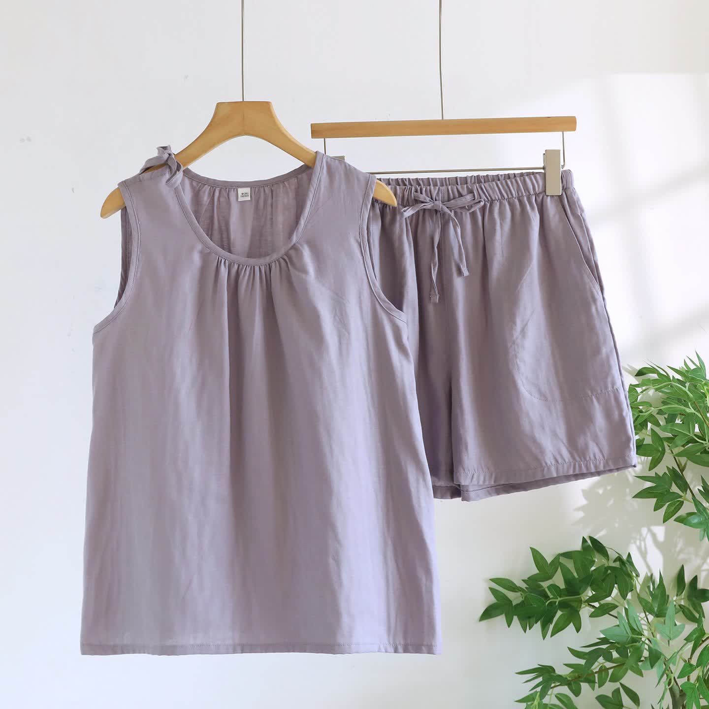 Solild Cotton Double Gauze Sleeveless Pajamas