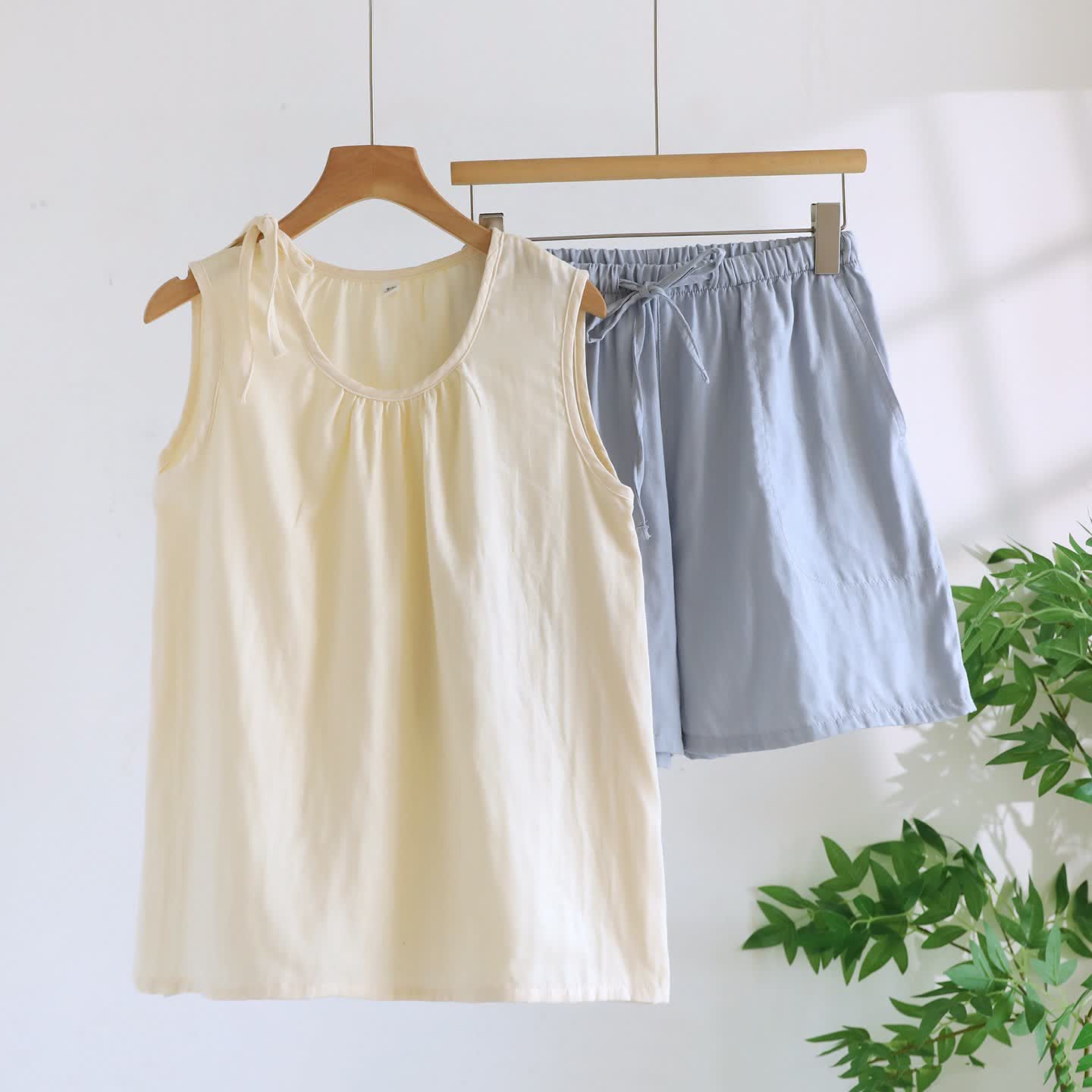 Solild Cotton Double Gauze Sleeveless Pajamas