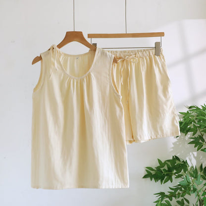 Solild Cotton Double Gauze Sleeveless Pajamas