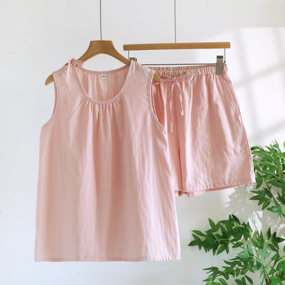 Solild Cotton Double Gauze Sleeveless Pajamas