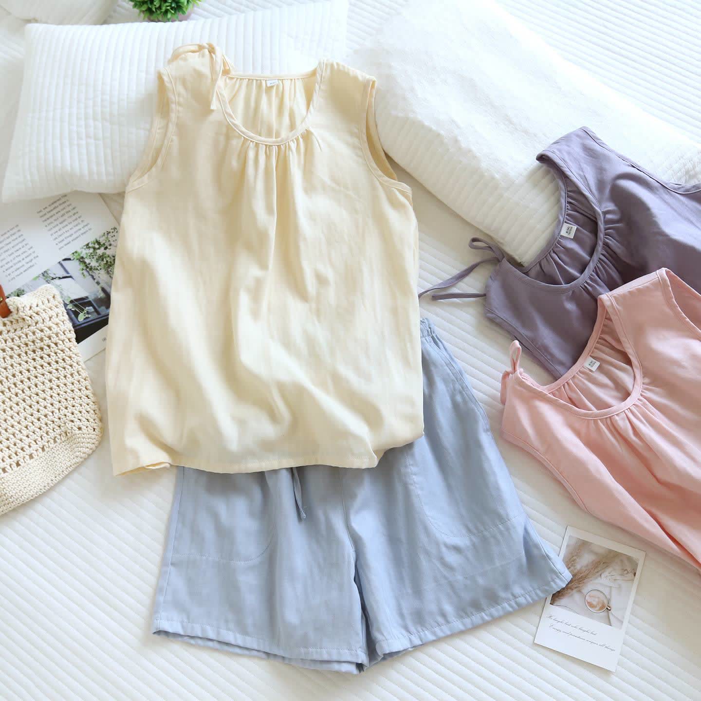 Solild Cotton Double Gauze Sleeveless Pajamas