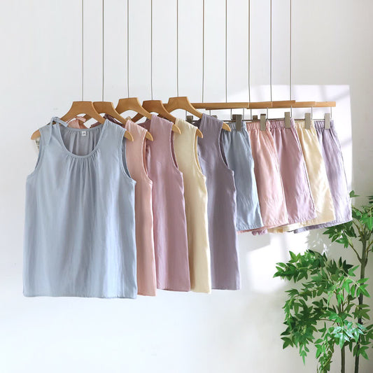 Solild Cotton Double Gauze Sleeveless Pajamas