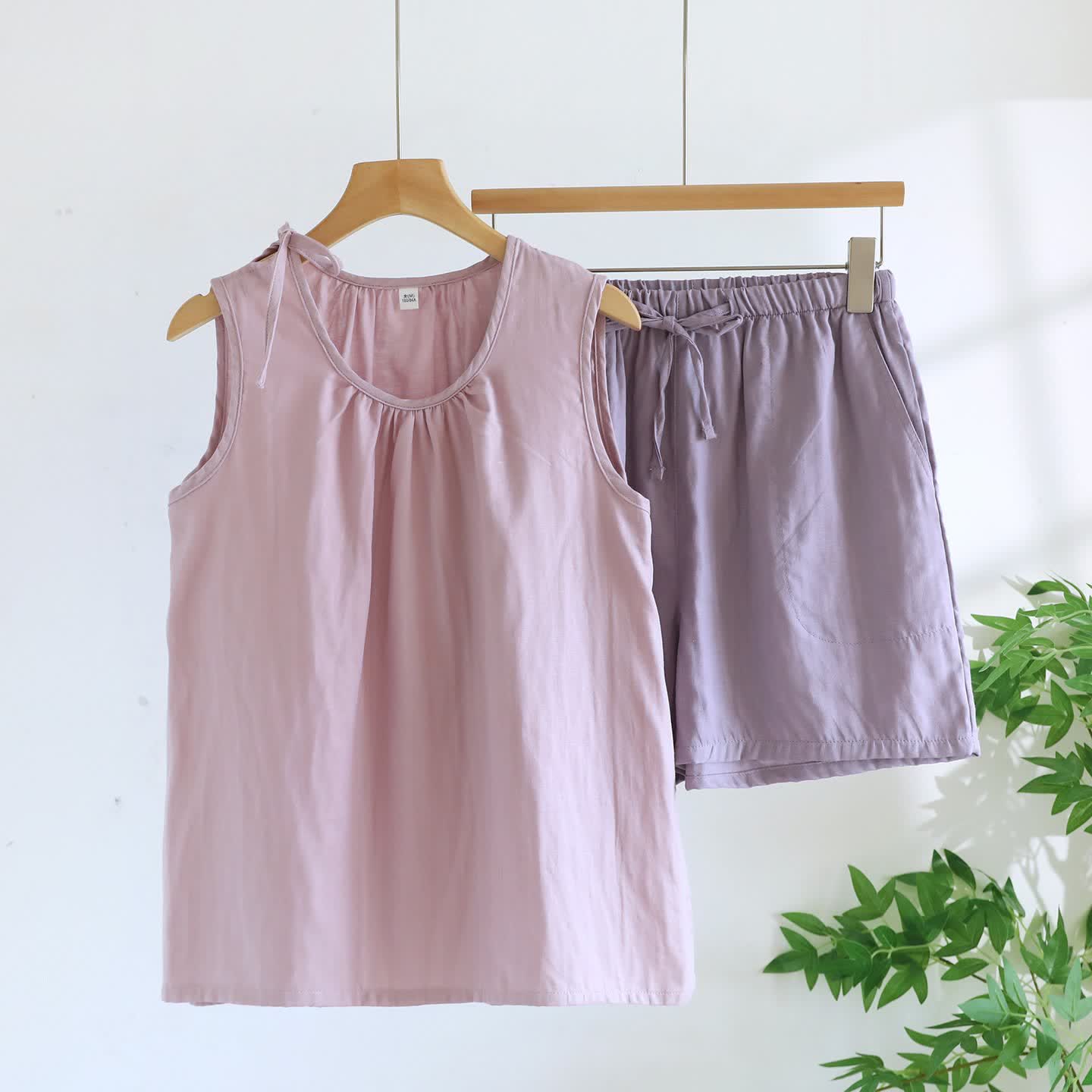 Solild Cotton Double Gauze Sleeveless Pajamas
