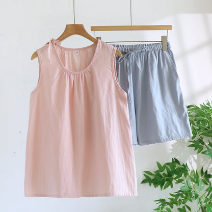 Solild Cotton Double Gauze Sleeveless Pajamas