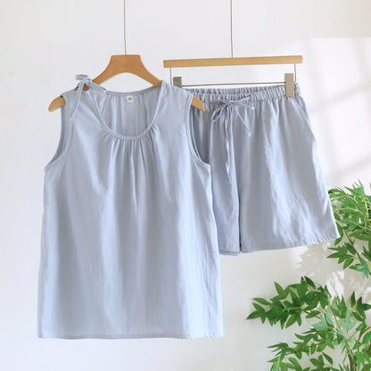 Solild Cotton Double Gauze Sleeveless Pajamas
