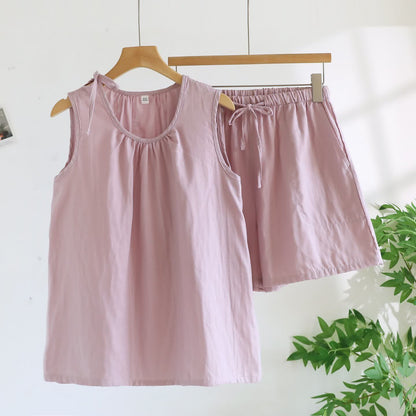 Solild Cotton Double Gauze Sleeveless Pajamas
