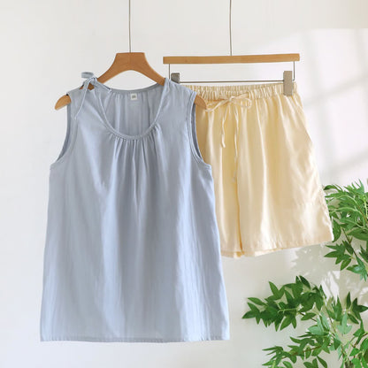 Solild Cotton Double Gauze Sleeveless Pajamas