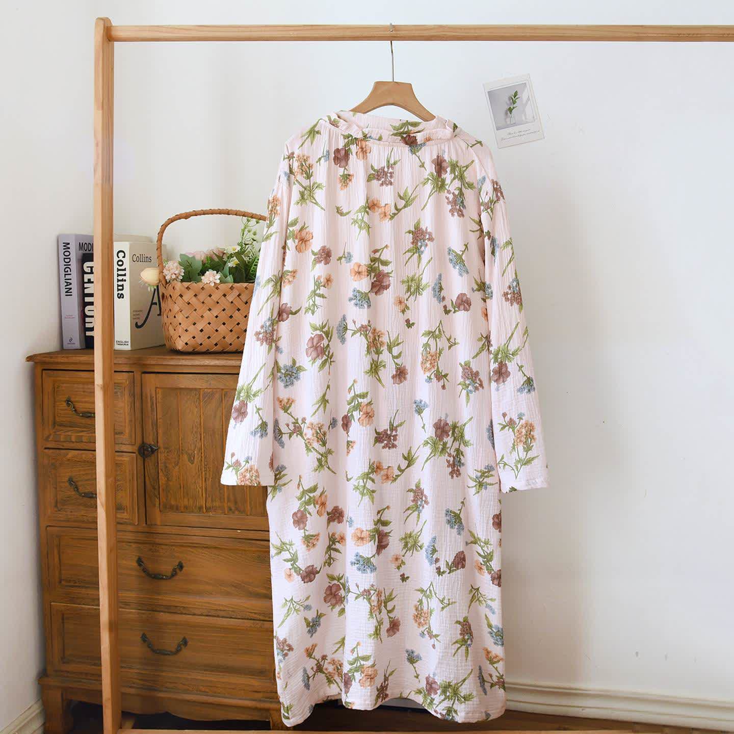 Floral Cotton Gauze Ruffled Neck  Robe