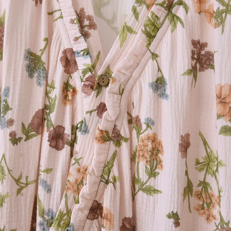 Floral Cotton Gauze Ruffled Neck  Robe